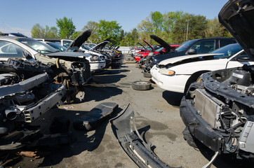 Different damaged cars on a junk yard