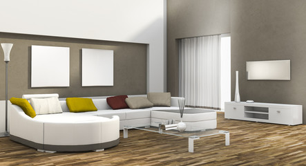 3d rendering day light colorful living room with parquet floor