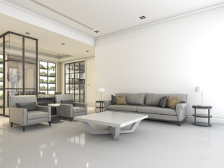 3D rendering white living room with sofa and armchair