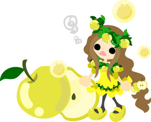 The illustration of the girl in the pear dress