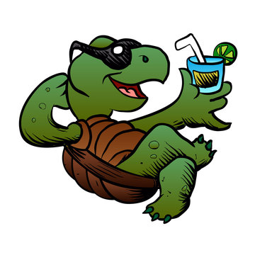 Cartoon Turtle Drinking Cocktail.