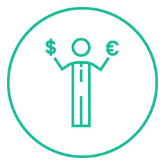 Businessman holding Euro and US dollar line icon.