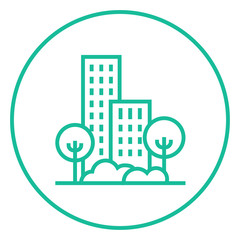 Naklejka premium Residential building with trees line icon.