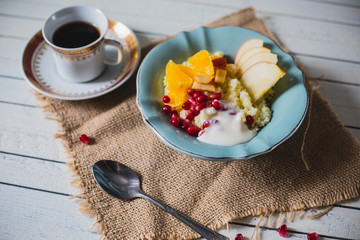 Breakfast in rustic style on wooden background