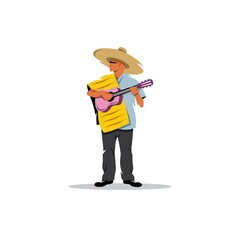 Mexican musician with guitar. Vector Illustration.