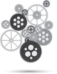 Business mechanism concept. Сonnected gears and icons for strategy, service.