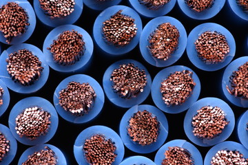 Group of blue electric cables closeup