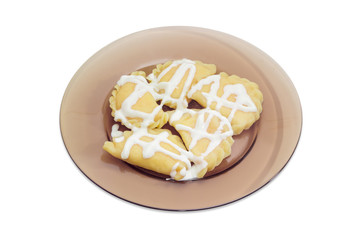 Varenyky with cottage cheese with sour cream in glass dish