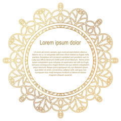 Round gold border frame. Mandala ornament. Can be used for decoration and design photo frame, menu, card, scrapbook, album. Vector Illustration. White background.