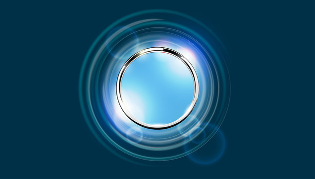 Futuristic abstract metal ring background. Chrome shine round frame with light circle and lens flare light effect. Vector abstract glowing stainless steel wallpaper. Blue space for your message