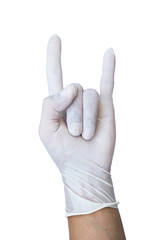 Hand wearing medical glove show rock symbol