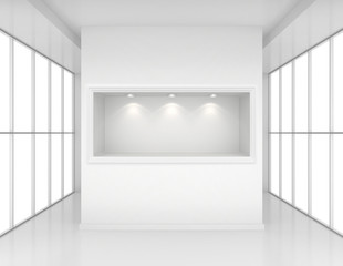 Exhibit Showcases with light sources in blank interior room large windows