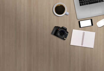 Office desk top view workspace mock up. Wooden background