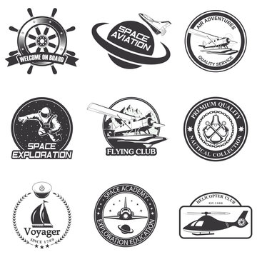 Set of vintage space, nautical, aeronautics flight  emblems