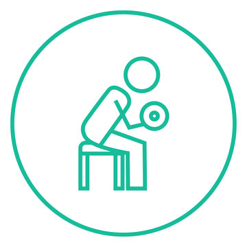 Man exercising with dumbbells line icon.