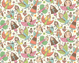 Vector seamless pattern with cute fairies in children's drawing