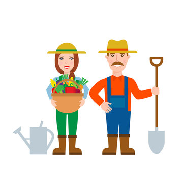 farmers gardeners man and woman with shovel basket with vegetables harvest watering can isolated on white background