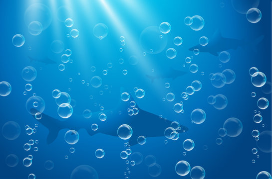 Underwater scene with bubbles and sharks silhouettes