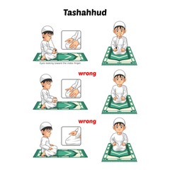 Muslim Prayer Position Guide Step by Step Perform by Boy Sitting and Raising The Index Finger with Wrong Position 