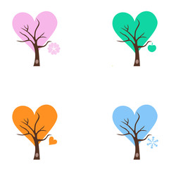 Four season trees with Singing Birds. Stylized happy cartoon illustration. Flat color vector design. Child theme.