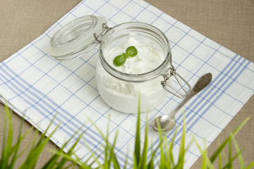 cottage cheese in a jar with basil