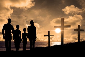 Composite image of portrait of happy family walking