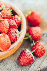 Berries Strawberries Closeup. Old Wooden Bowl Filled With Succul