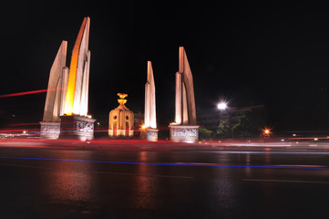 BANGKOK THAILAND - October 2009: Night view of The Democracy Monument on Ratchadamnoen Klang Road on October 30, 2009 in BANGKOK, THAILAND