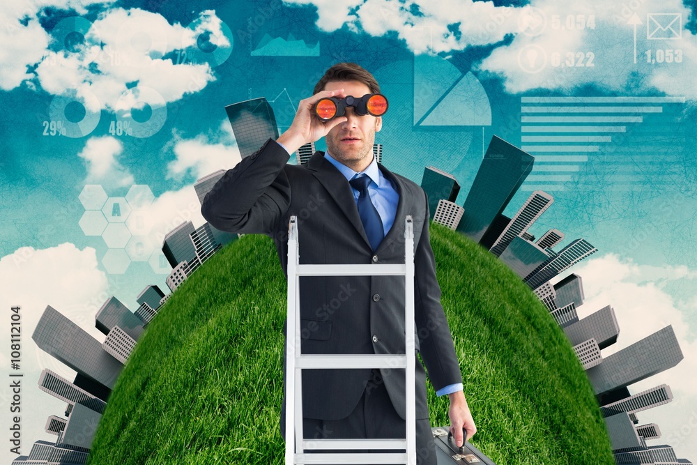 Poster Composite image of businessman looking on a ladder