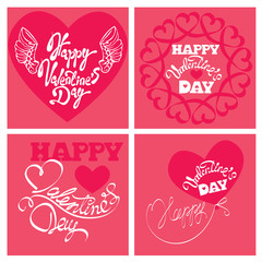 Set of 4 Holiday cards - heart and calligraphic text Happy Valen