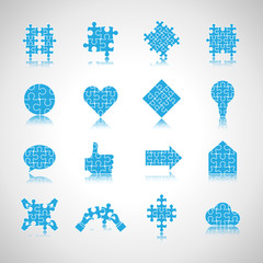 Puzzle Icons Set-Isolated On Gray Background-Vector Illustration,Graphic Design. Collection Of Different Logotype,Modern Shape.New Flat Concept For Web,Websites