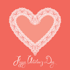 White Heart shape is made of lace doily on pink background, Holi