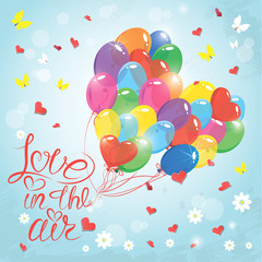 Holiday card with hearts, butterflies, flowers,  balloons on sky