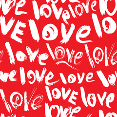 Seamless pattern with brush strokes and scribbles, words LOVE -