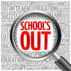 School's Out word cloud with magnifying glass, concept