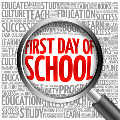First day of school word cloud with magnifying glass, concept