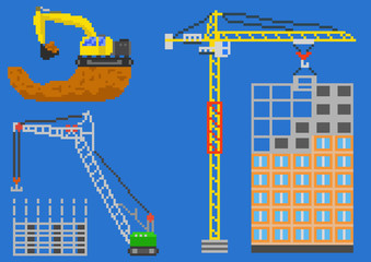 Building house engineering with cranes and excavator. Pixel vector illustration