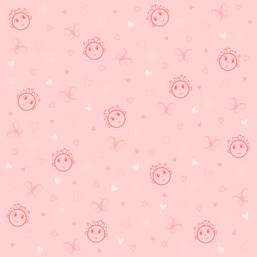 Vector child's pattern on red background with flowers, hearts and butterflies
