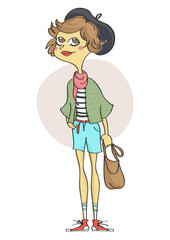 Cute, fashion girl dressed stylish, with brown bag and beret, smiling.