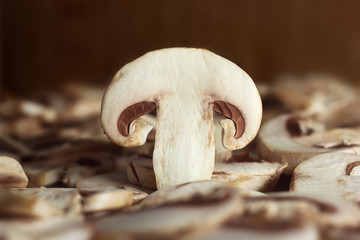 Close up sliced piece of champignon mushroom