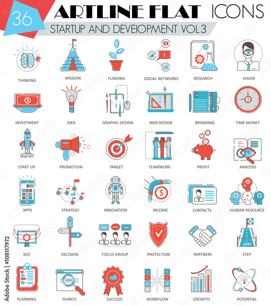 Aufkleber Vector Startup and development ultra modern outline artline flat line icons for web and apps.