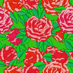 Vector seamless pattern with roses. In red and green colors.