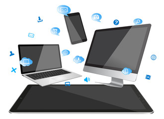 Modern digital tech devices on white background