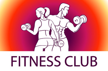 Man and woman Fitness template. Gym club logotype. Sport Fitness club creative concept. Bodybuilder and woman Fitness Model Illustration, Sign, Symbol, badge.