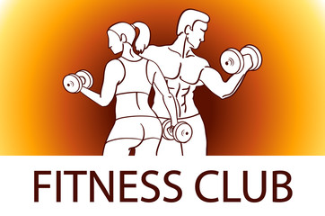 Man and woman Fitness template. Gym club logotype. Sport Fitness club creative concept. Bodybuilder and woman Fitness Model Illustration, Sign, Symbol, badge.