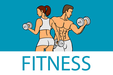 Fitness with muscled man and woman silhouettes. Man and woman holds dumbbells. Vector illustration