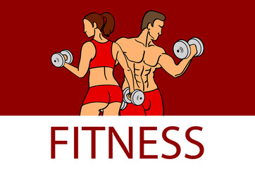 Fitness with muscled man and woman silhouettes. Man and woman holds dumbbells. Vector illustration