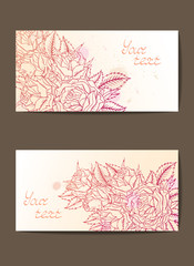 Vector set of templates invitations or greeting cards with hand drawn roses and watercolor elements. In burgundy and red colors.