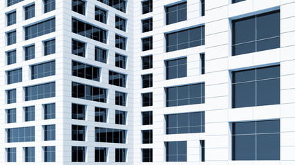 Blue windows on white walls with tiling. 3d