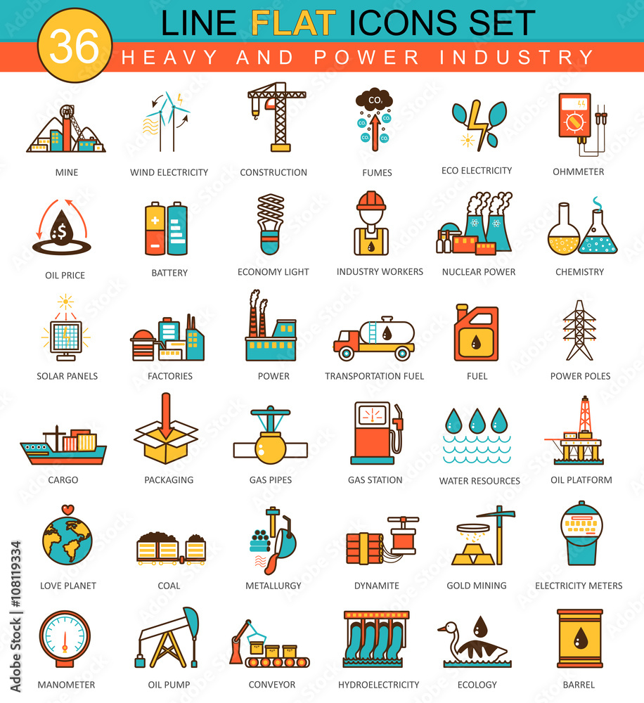 Poster vector heavy and power industry flat line icon set. modern elegant style design for web.